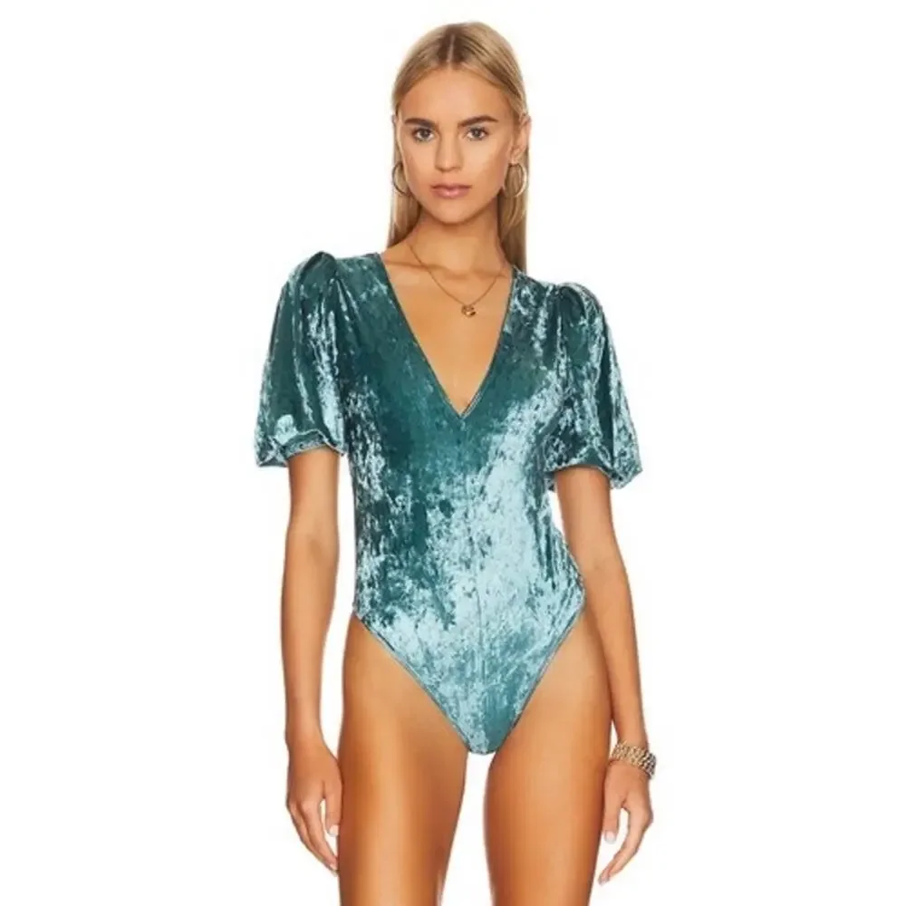 NWT Free People Don’t You Wish Crushed Velvet Bodysuit Deep Teal Small S
